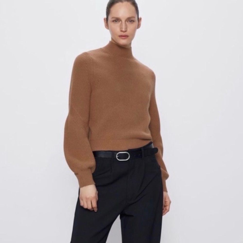 Zara Brown Mock Turtleneck Balloon Sleeve Sweater